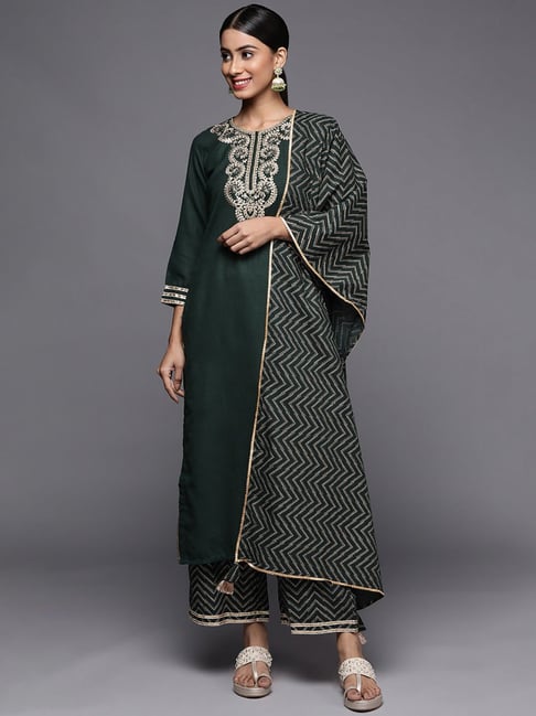 Indo Era Green Embroidered Kurta Palazzo Set With Dupatta Price in India