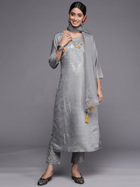 Indo Era Grey Embroidered Kurta Pant Set With Dupatta Price in India