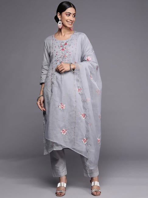 Indo Era Grey Embroidered Kurta Pant Set With Dupatta Price in India