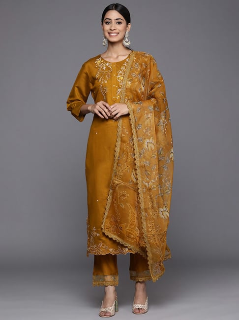 Indo Era Mustard Embroidered Kurta Pant Set With Dupatta-image-11