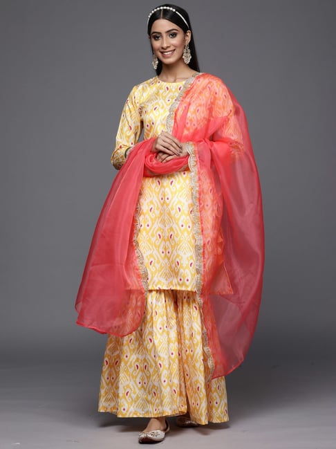 Indo Era Yellow Printed Kurta Sharara Set With Dupatta Price in India