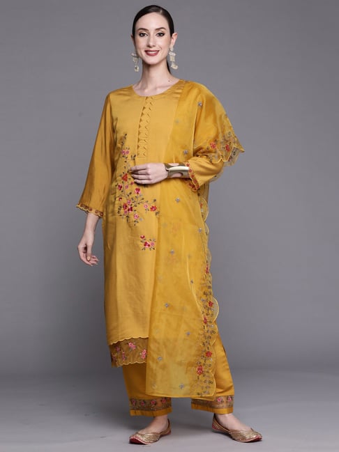 Indo Era Yellow Embroidered Kurta Pant Set With Dupatta Price in India