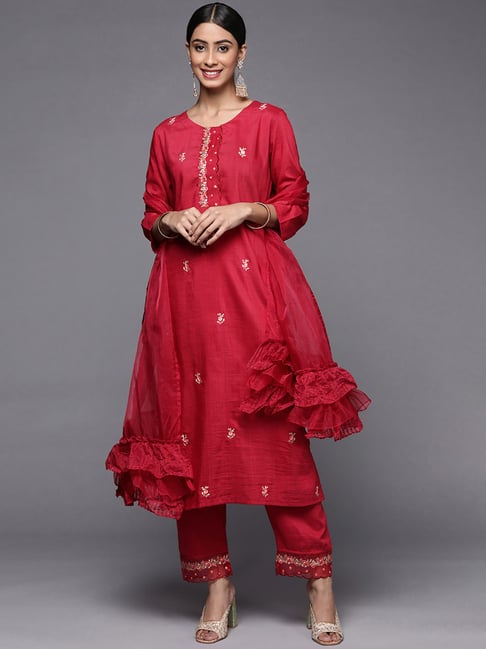 Indo Era Red Embroidered Kurta Pant Set With Dupatta Price in India