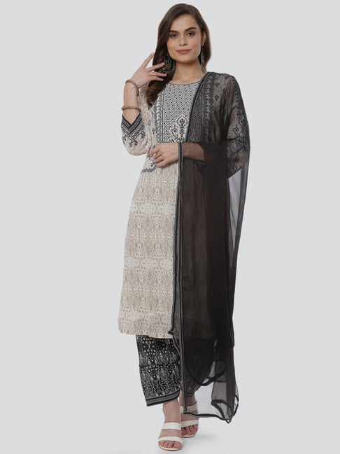 Biba Off-White & Black Printed Kurta Pant Set With Dupatta