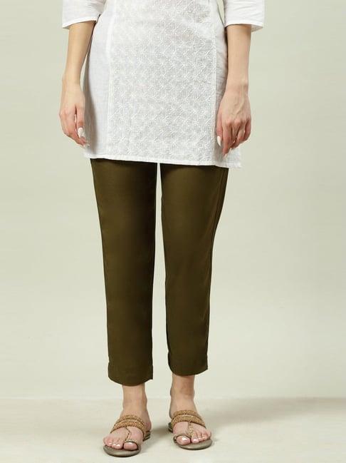 Biba Olive Green Regular Fit Pants