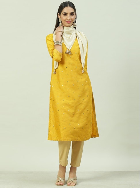 Biba Yellow Embroidered Straight Kurta With Scarf Price in India