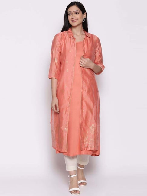 Buy Biba Peach Printed A Line Kurta With Jacket for Women Online