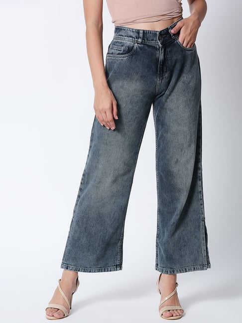 High Star Grey Relaxed Fit High Rise Lightly Washed Jeans