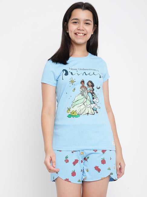 Lil Tomatoes Kids Sky Blue Printed T-Shirt with Shorts-picture-10