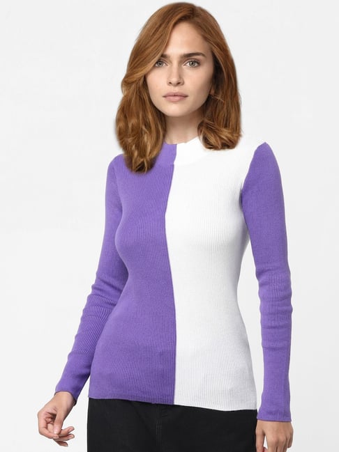 Vero Moda Purple & White Cotton Color-Block Sweater-picture-29