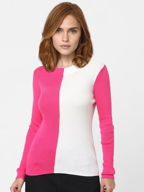 Vero Moda Pink & White Cotton Color-Block Sweater-picture-30