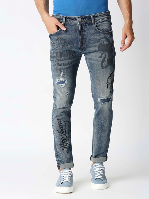 Pepe Jeans Dusty Blue Tapered Fit Heavily Washed Distressed Jeans