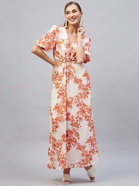 Rare Orange Off White Floral Print Maxi Dress