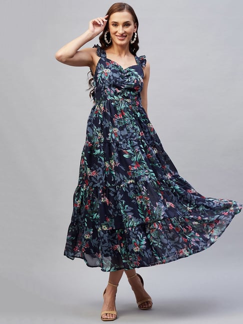 Rare Navy Floral Print Fit & Flare Dress Price in India