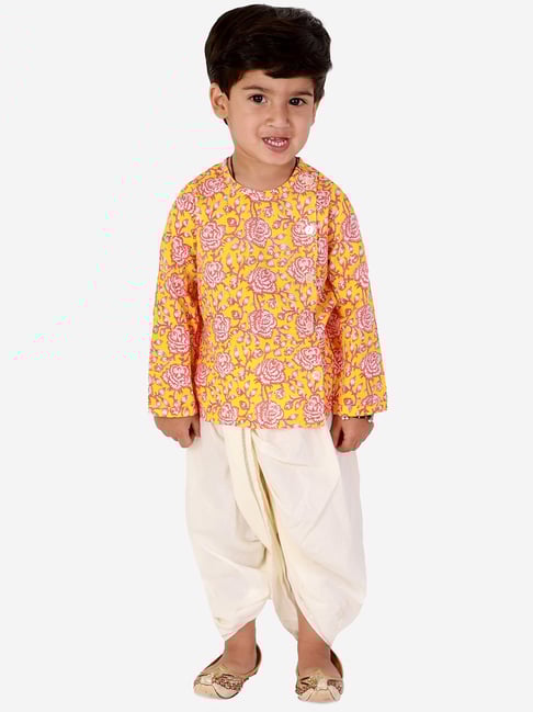 Lil Drama Kids Yellow & White Cotton Printed Full Sleeves Kurta Set-picture-48