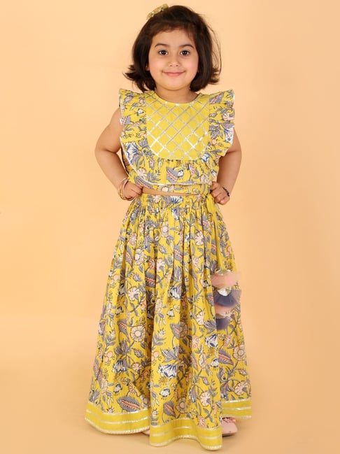 Lil Drama Kids Yellow Cotton Floral Print Ghaghra Cholis-picture-31