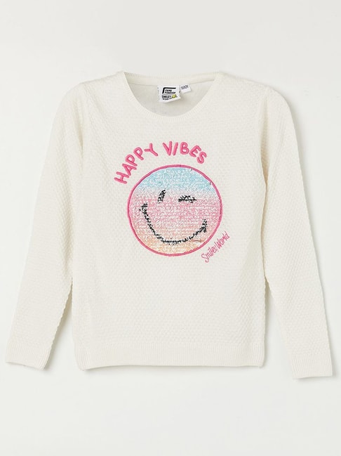 Fame Forever by Lifestyle Kids Ivory White & Pink Sequence Full Sleeves Sweater