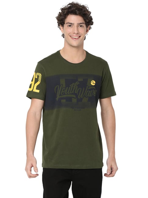 Spykar Green Cotton Slim Fit Printed T-Shirt