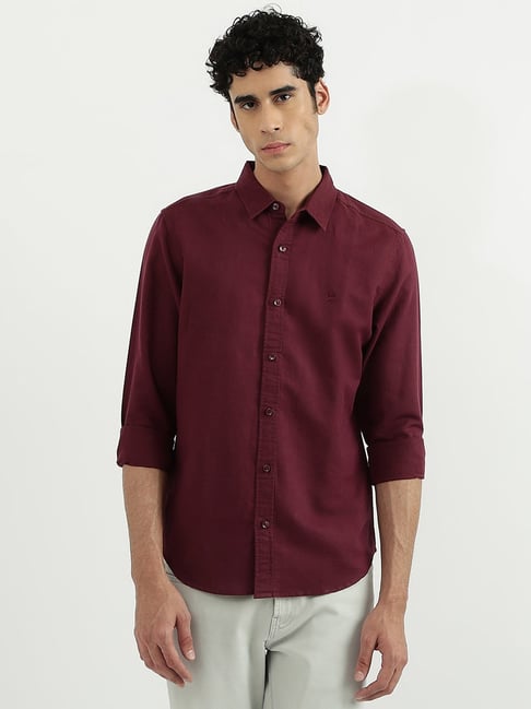 United Colors of Benetton Maroon Linen Slim Fit Shirt