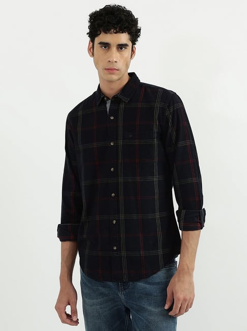 United Colors of Benetton Black Cotton Slim Fit Checks Shirt