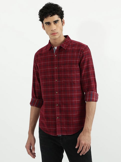 United Colors of Benetton Red Cotton Slim Fit Checks Shirt