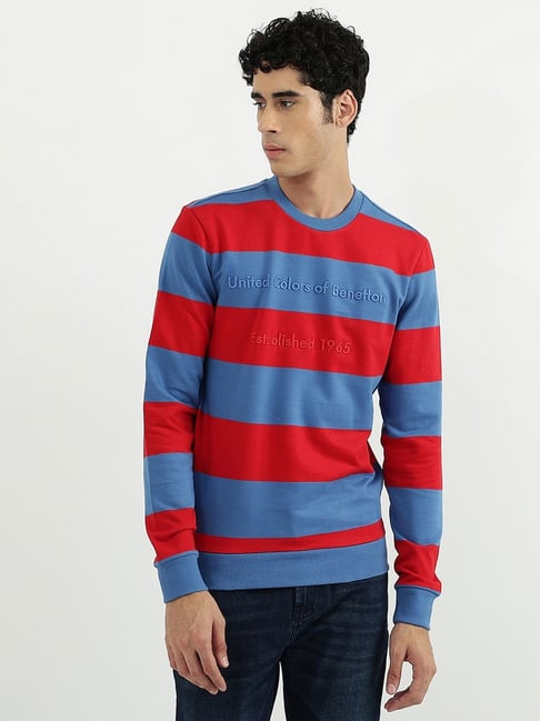 United Colors of Benetton Red & Blue Cotton Regular Fit Striped Sweatshirt