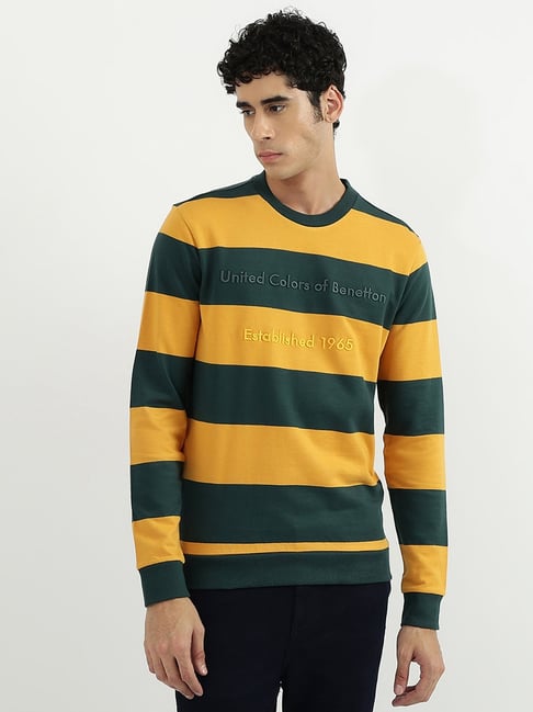 United Colors of Benetton Yellow& Green Cotton Regular Fit Striped Sweatshirt