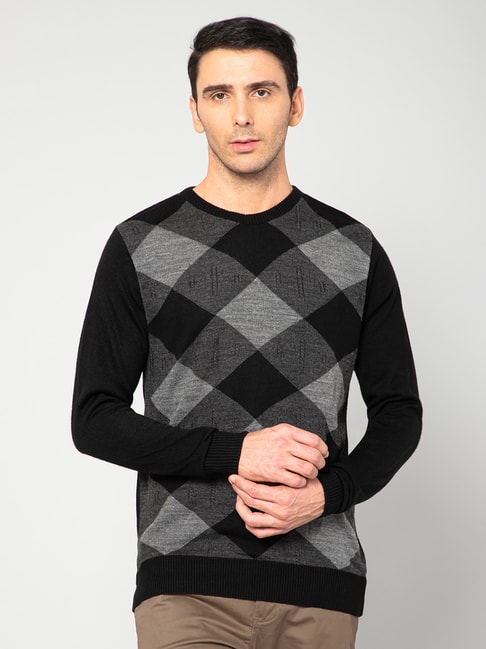 Cantabil Black Regular Fit Self Design Sweater