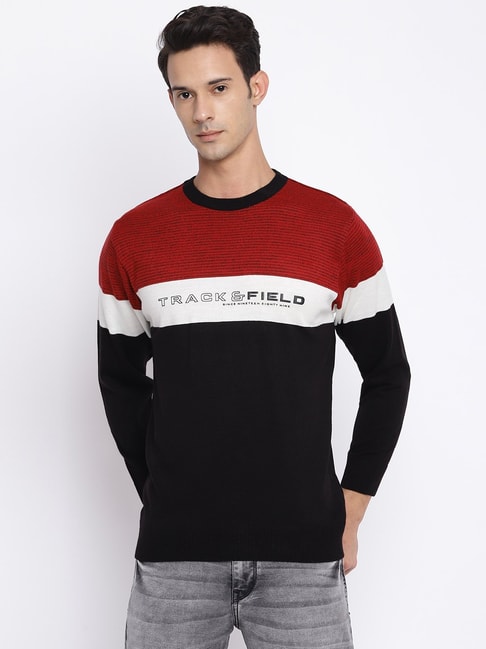 Cantabil Black & Red Regular Fit Striped Sweater