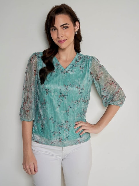 AND Mint Green Floral Print Top Price in India