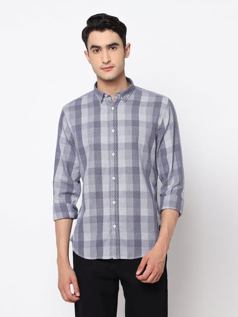 Blackberrys Blue Cotton Slim Fit Checks Shirt