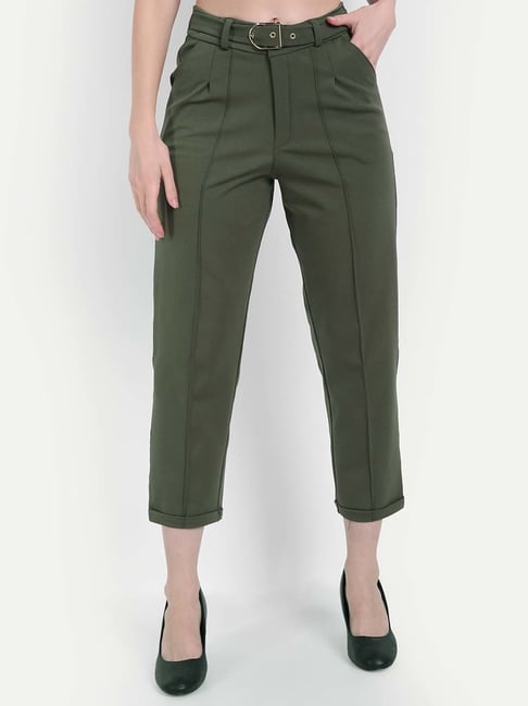 Buy GREEN PARACHUTE PLEATED KNEE COTTON TROUSERS for Women Online in India