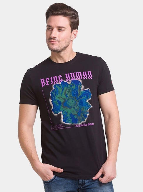 Being Human Black Cotton Regular Fit Printed T-Shirt