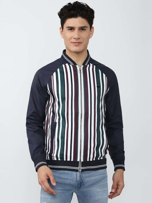Peter England Casuals Navy Blue Regular Fit Striped Bomber Jackets-picture-40