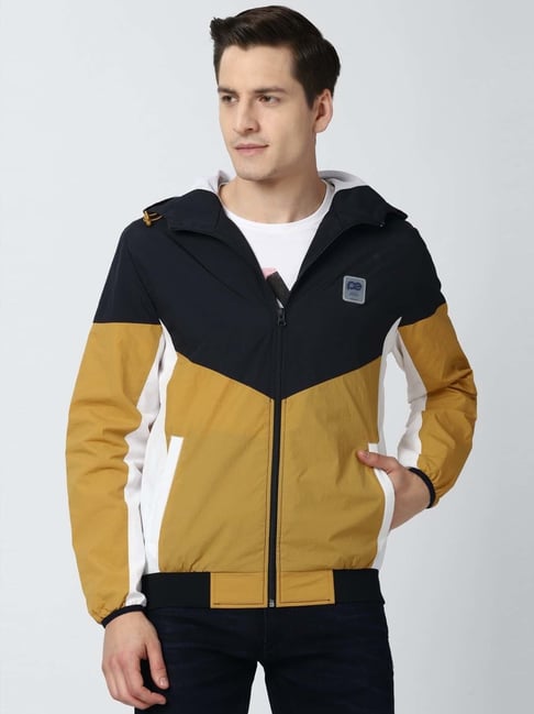 Peter England Casuals Yellow & Blue Regular Fit Colour Block Hooded Jackets-picture-16