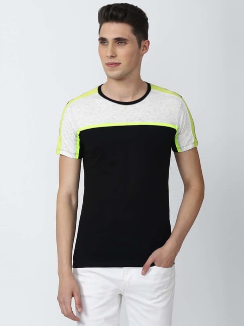 Peter England Jeans Black Slim Fit Colour Block T-Shirts