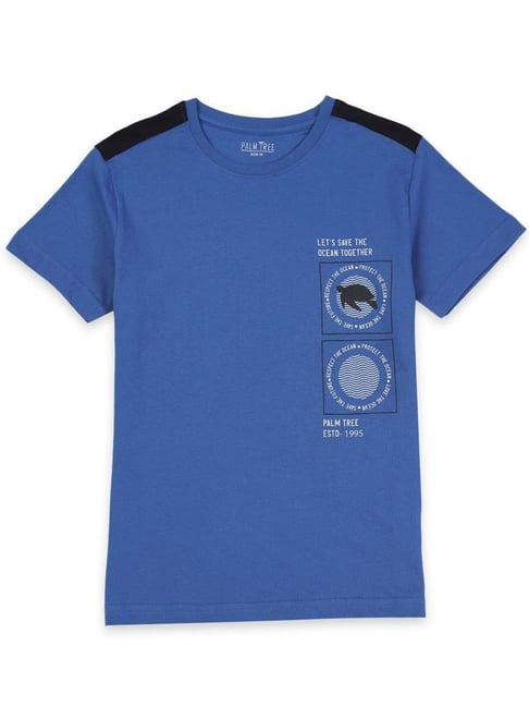 Palm Tree Kids Blue & Black Cotton Graphic T-Shirt