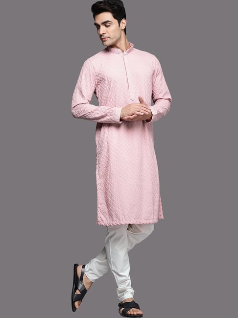 Manyavar Light Pink Off White Regular Fit Self Design Kurta