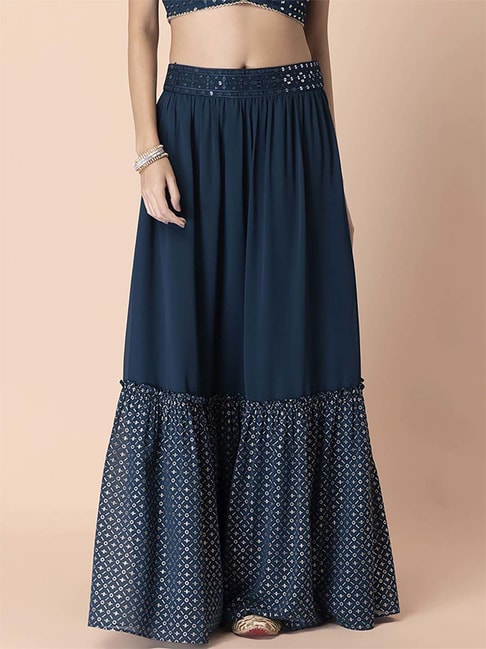 Indya Teal Blue Printed Skirt
