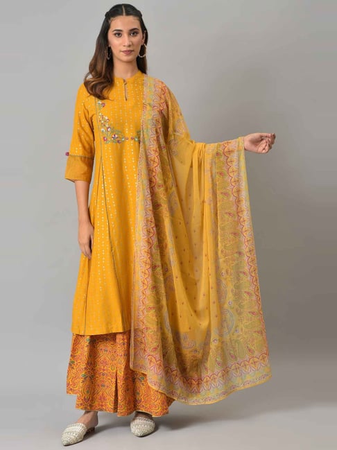 W Mustard Printed Dupatta