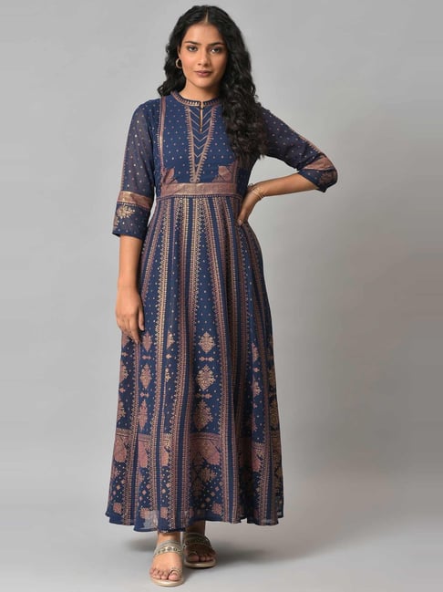 W Blue Geometric Print Maxi Dress Price in India