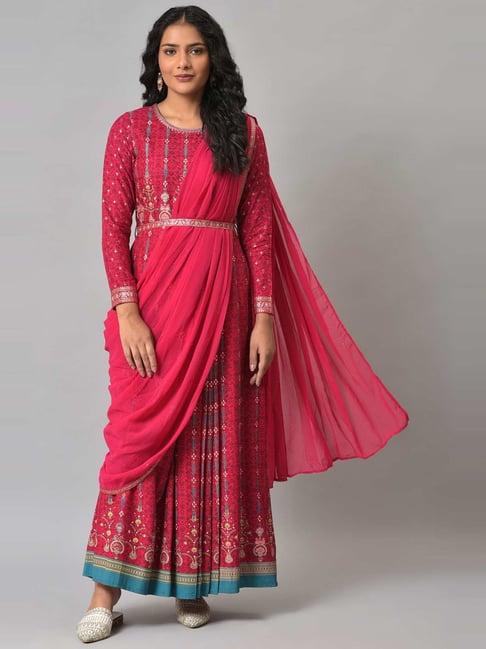 W Pink Embellished A-Line Dress Price in India