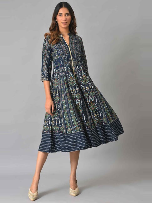 W Navy Embellished A-Line Dress Price in India