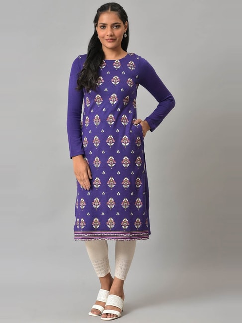 W Purple Printed Straight Kurta Price in India