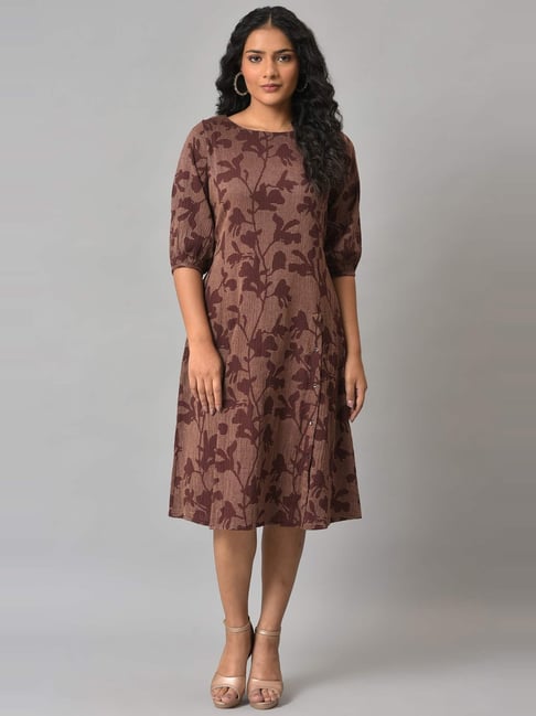 W Brown Floral Print A-Line Dress Price in India