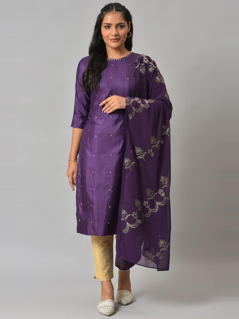W Purple Beige Embellished Kurta Pant Set With Dupatta Price in India
