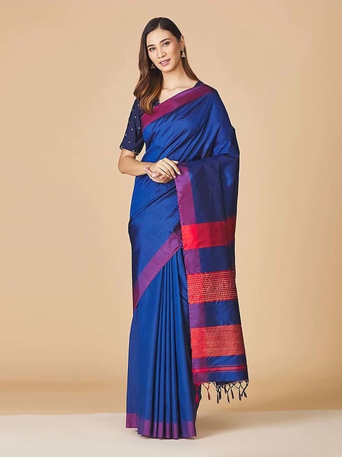 Fabindia Blue Silk Saree Without Blouse Price in India
