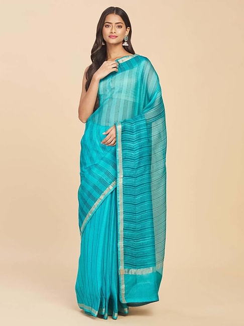 Fabindia Turquoise Silk Striped Saree Without Blouse Price in India