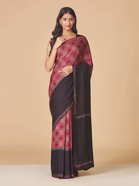 Fabindia Maroon & Black Printed Saree Without Blouse Price in India