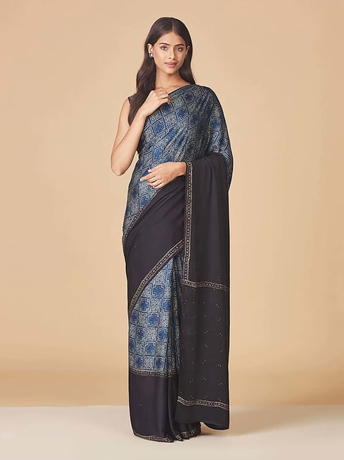 Fabindia Blue & Black Printed Saree Without Blouse Price in India